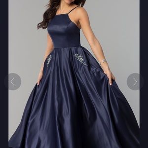 Long Prom Dress with Rhinestone-Trimmed Pockets